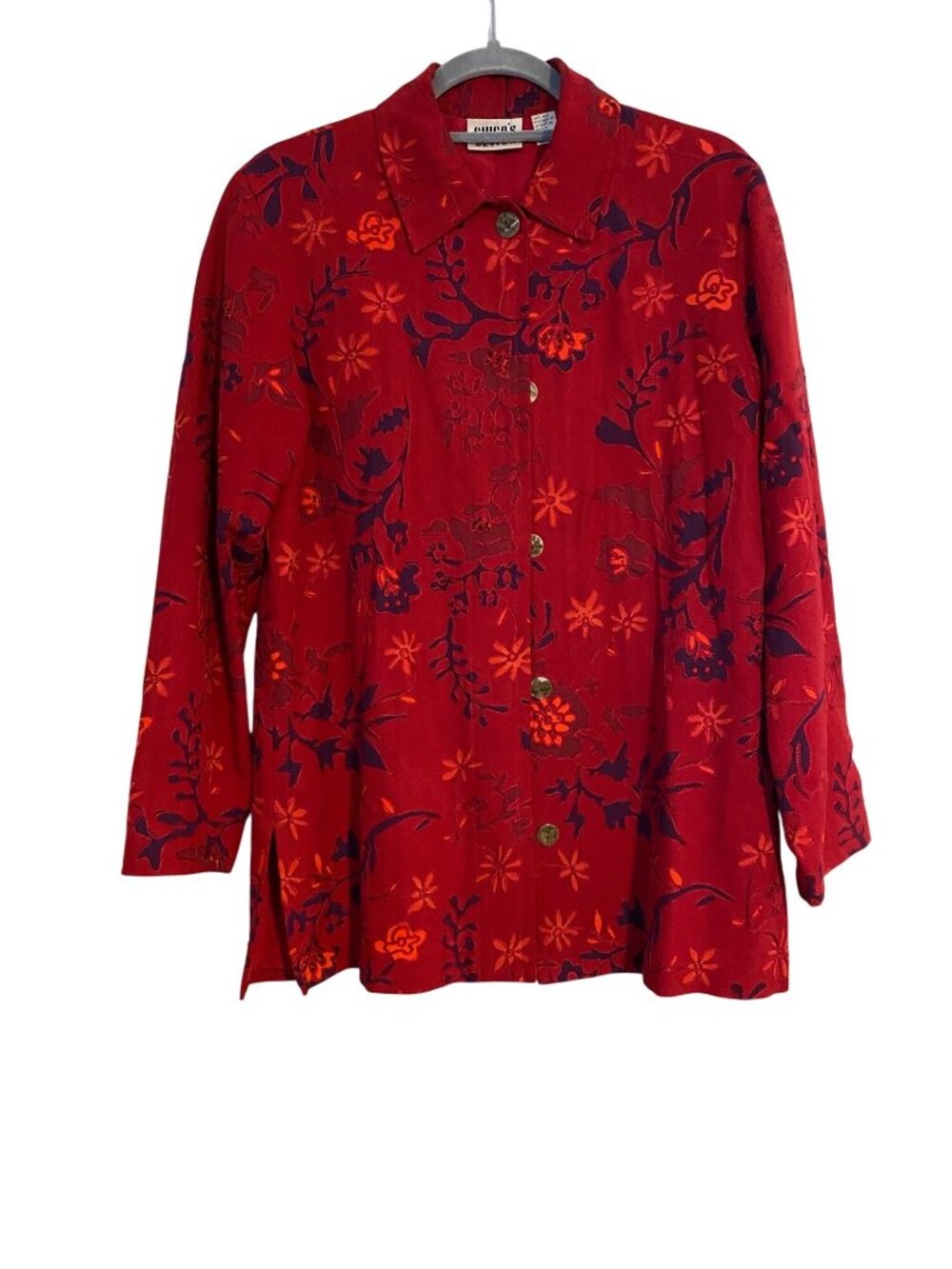 Chicos Design Blouse Women’s S Red Floral Embroidered Silk Button-Up Oversized